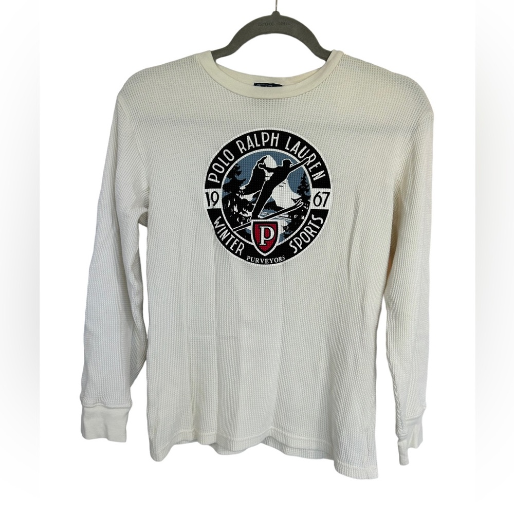 Polo Ralph Lauren Boys Henley Top Shirt L/S 12/14 Cream White Winter Sports Logo